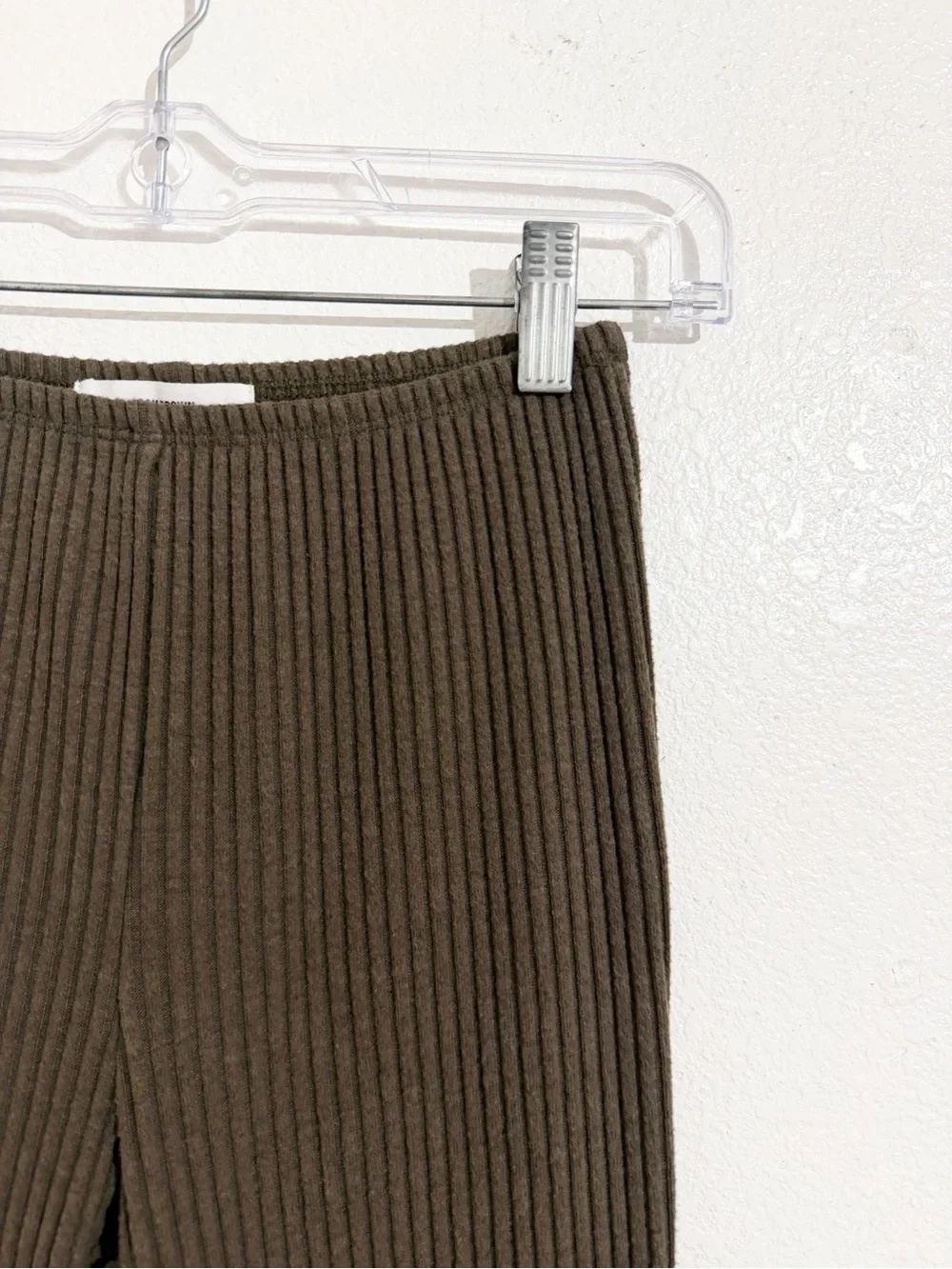 Joah Brown Fitted Mini Ribbed Mid-Rise Flare Pant in Army Luxe Knit